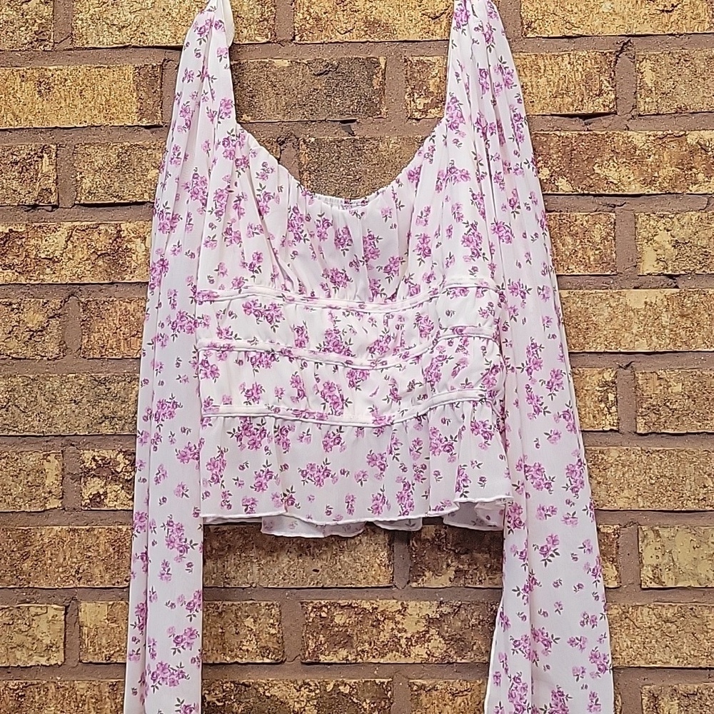 Kirious Los Angeles Floral Mesh Long Sleeve Milkmaid Top Size XL Stretch